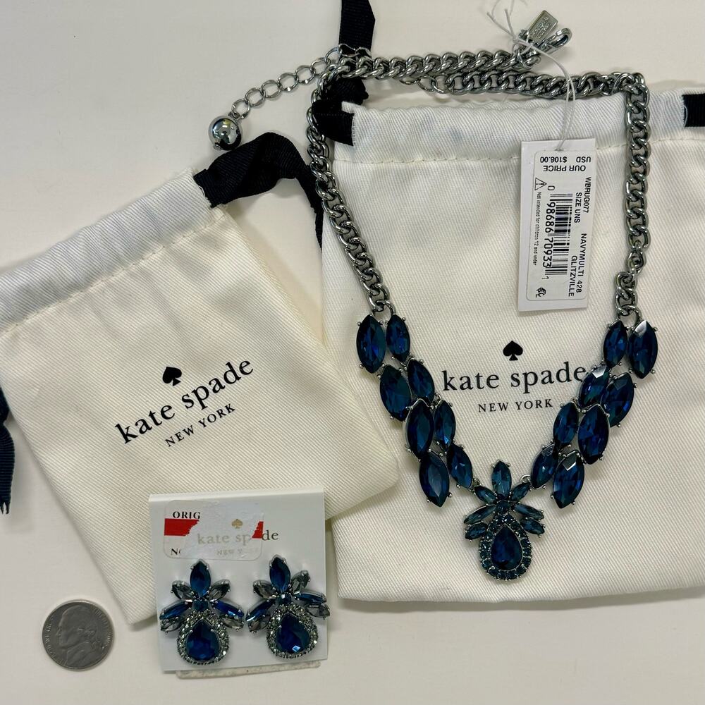 NWT Kate Spade Glitzville Lot Statement Necklace and Earrings Navy Blue regency